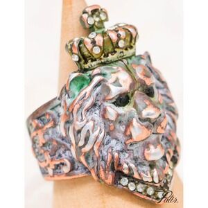 Crown Lion Ring Patina Finish Adjustable King Royal Statement Gift Men Women